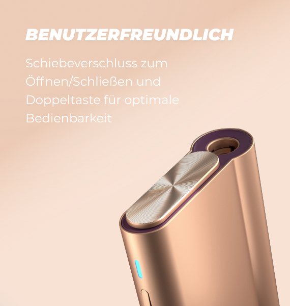 Das glo Hyper Air Gerät in Roségold mit einer Beschreibung des Bedienungskomforts