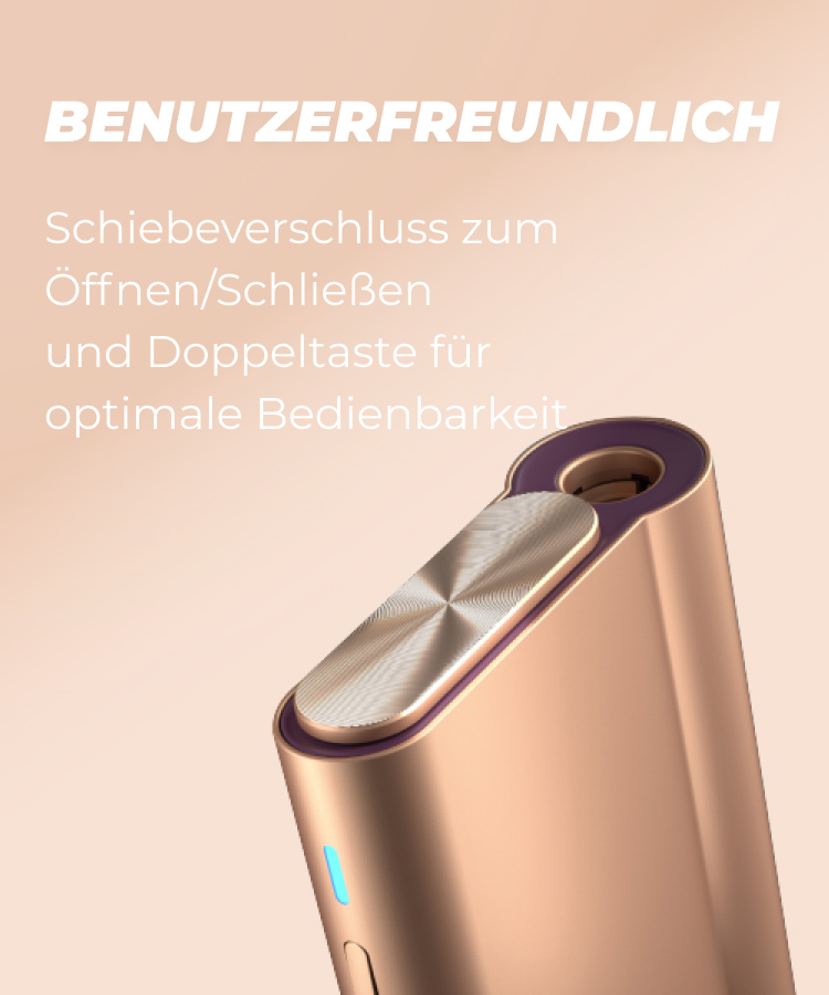 Das glo Hyper Air Gerät in Roségold mit einer Beschreibung des Bedienungskomforts