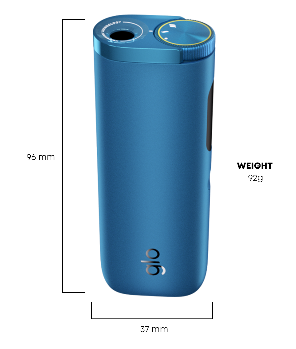 The proportions of our glo™ HYPER X2 tobacco heater (height 82mm, width 45mm and weight 75g)