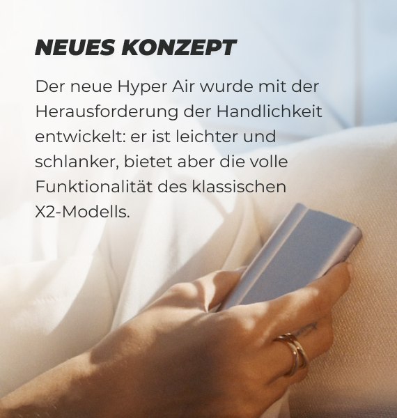 Das glo Hyper Air-Gerät, gehalten von einer Person, mit einer Beschreibung des Designs und des neuen Formats