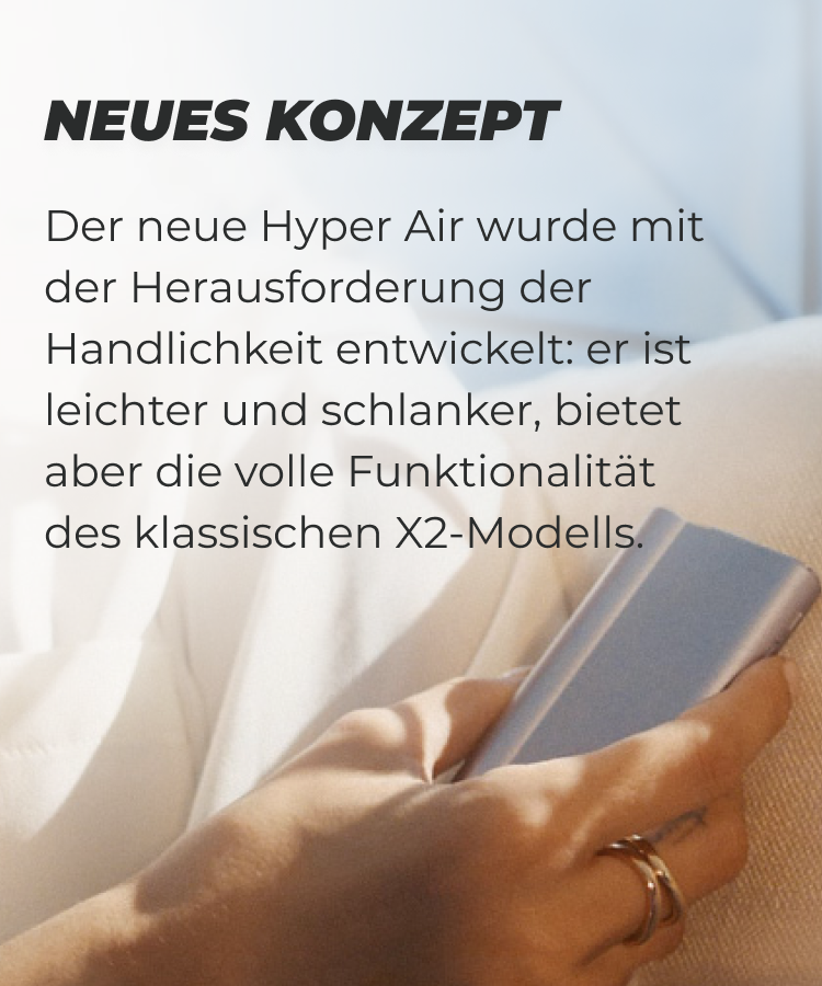 Das glo Hyper Air-Gerät, gehalten von einer Person, mit einer Beschreibung des Designs und des neuen Formats